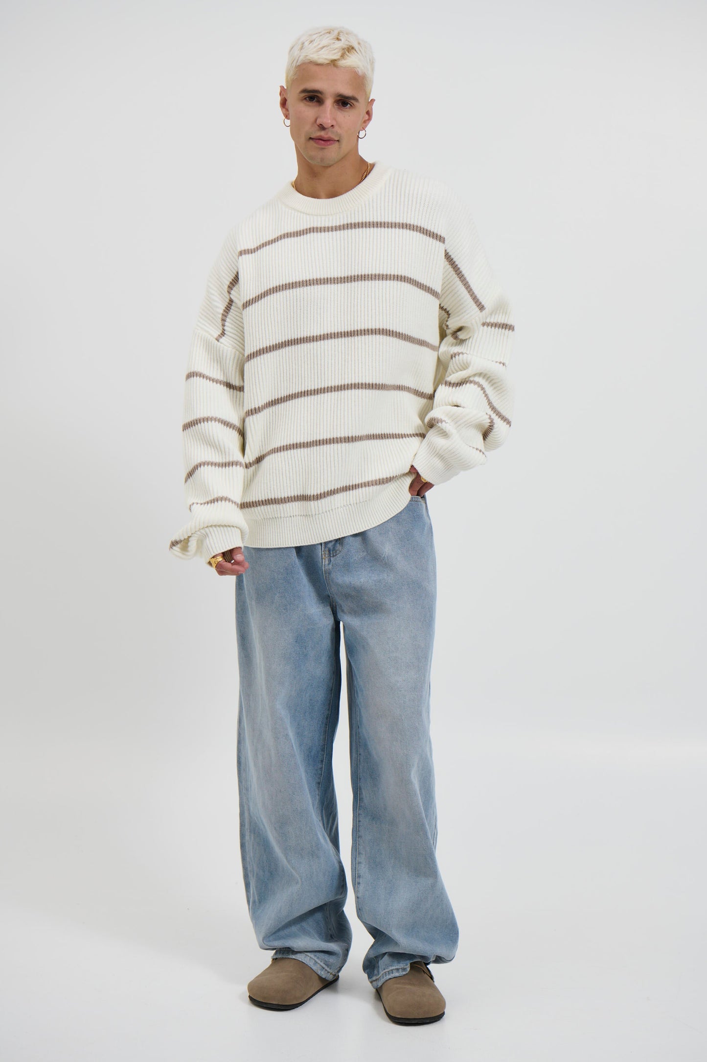 Drop Sleeve Heavy Knit White Stripe