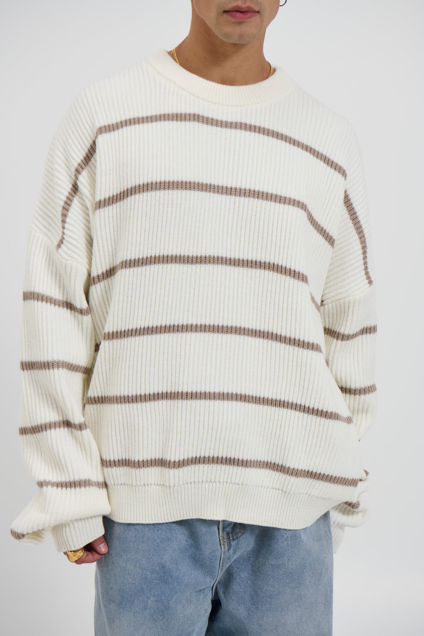 Drop Sleeve Heavy Knit White Stripe