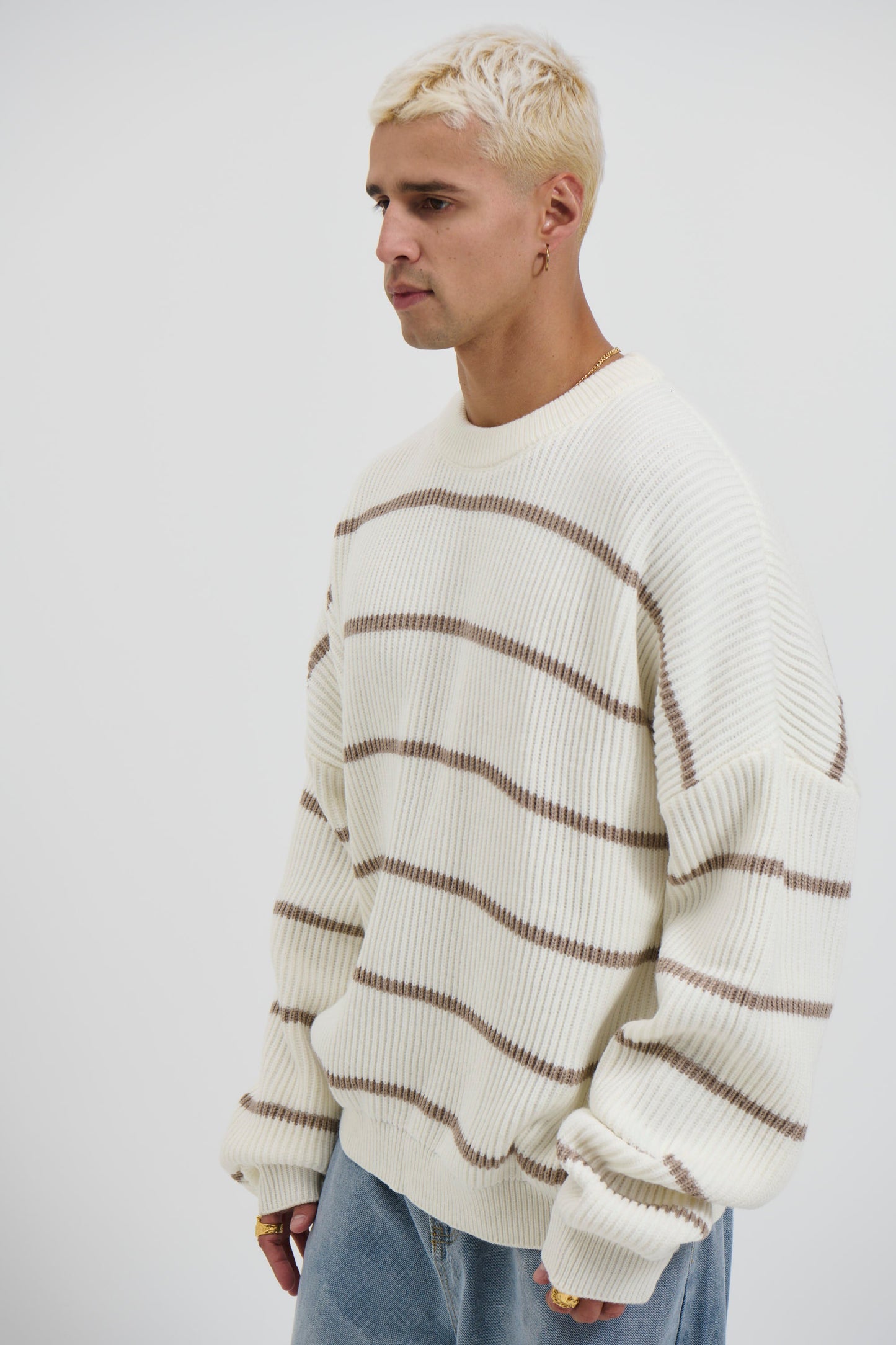 Drop Sleeve Heavy Knit White Stripe
