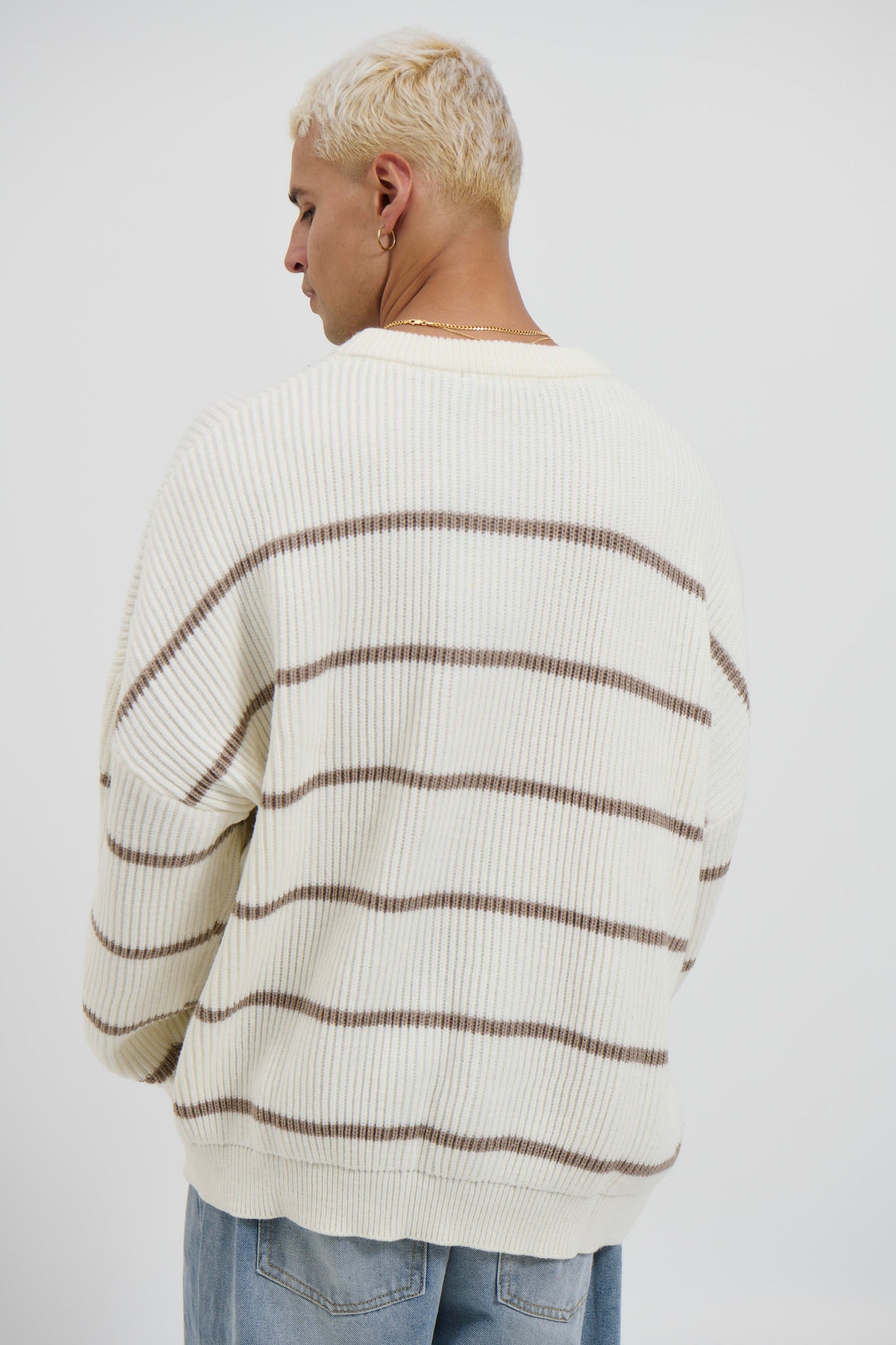 Drop Sleeve Heavy Knit White Stripe