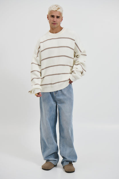 Drop Sleeve Heavy Knit White Stripe