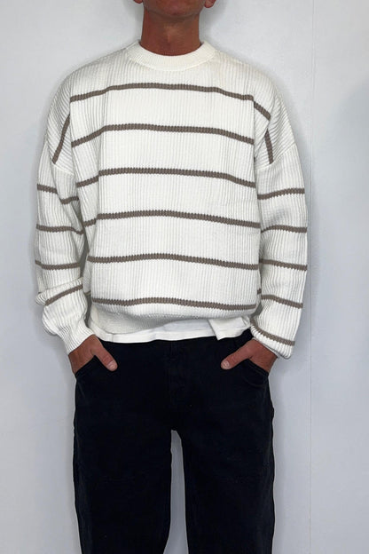 Drop Sleeve Heavy Knit White Stripe